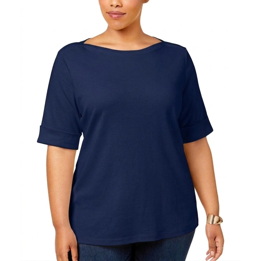 Karen Scott Petites Navy Blue Boat Neck Cotton Short Sleeve Cuffed Top Size PL